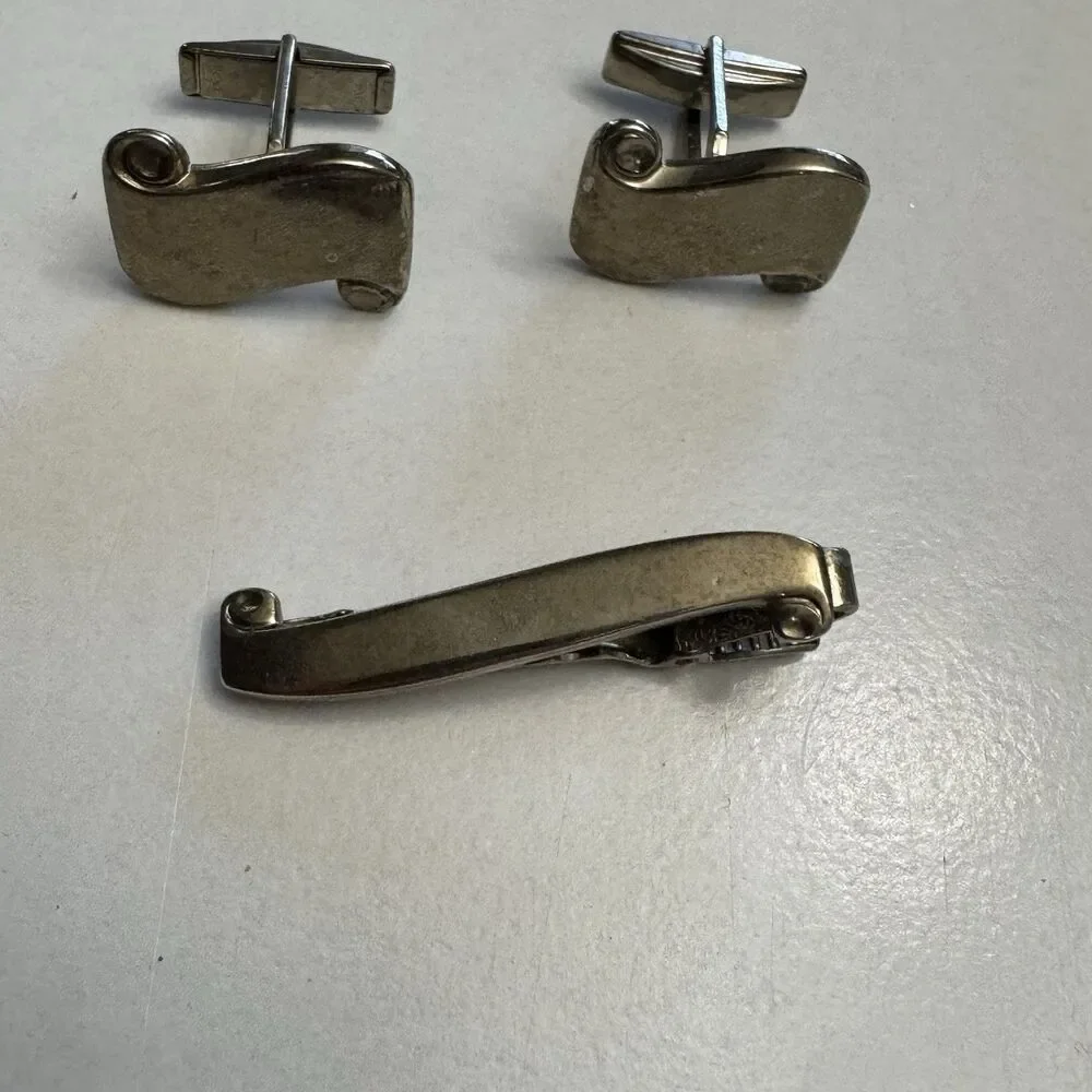 Vintage Silver Tone Cufflinks & Tie Clip Set Scroll Design Men’s Formal
